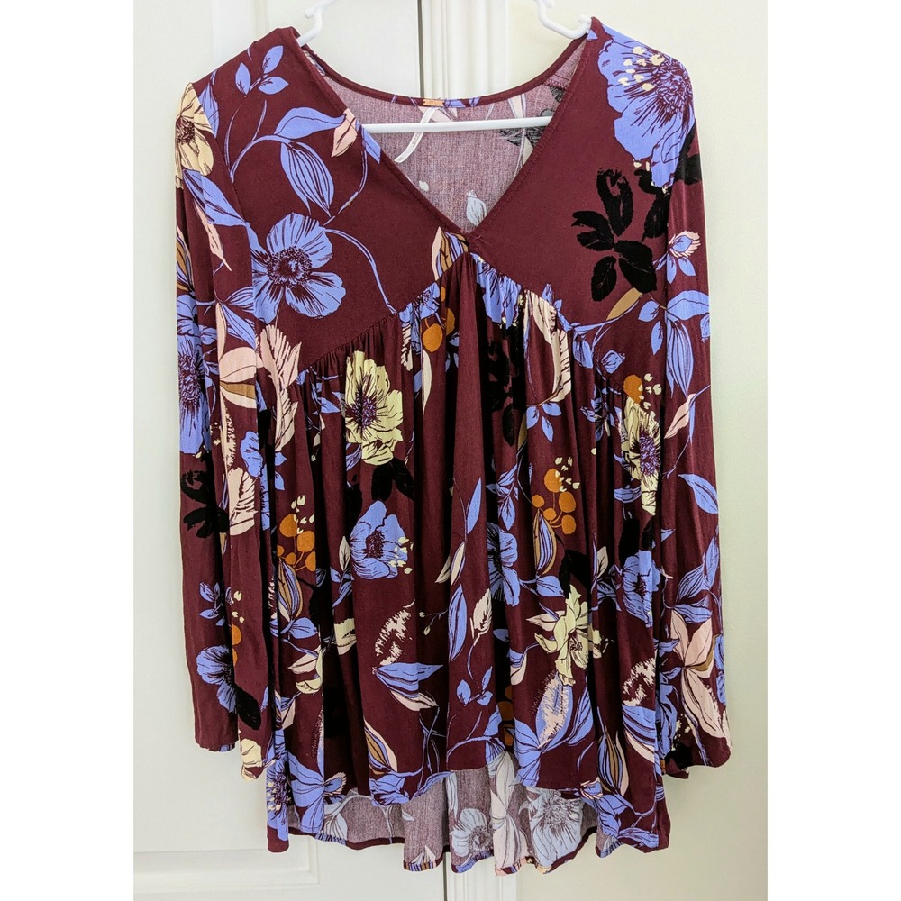 Free People Bella Floral Print Bell Sleeve Tunic Top Wine Burgundy Women's XS